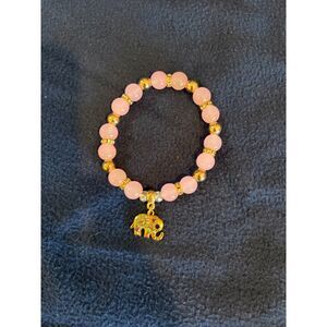 Pink & Gold Beaded Stretch Bracelet w/ Rhinestone Elephant Charm